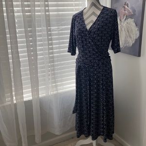Beautiful navy and white faux wrap dress
